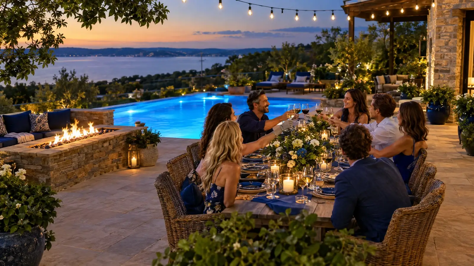 An evening terrace with a pool, a fire feature and friends raising glasses