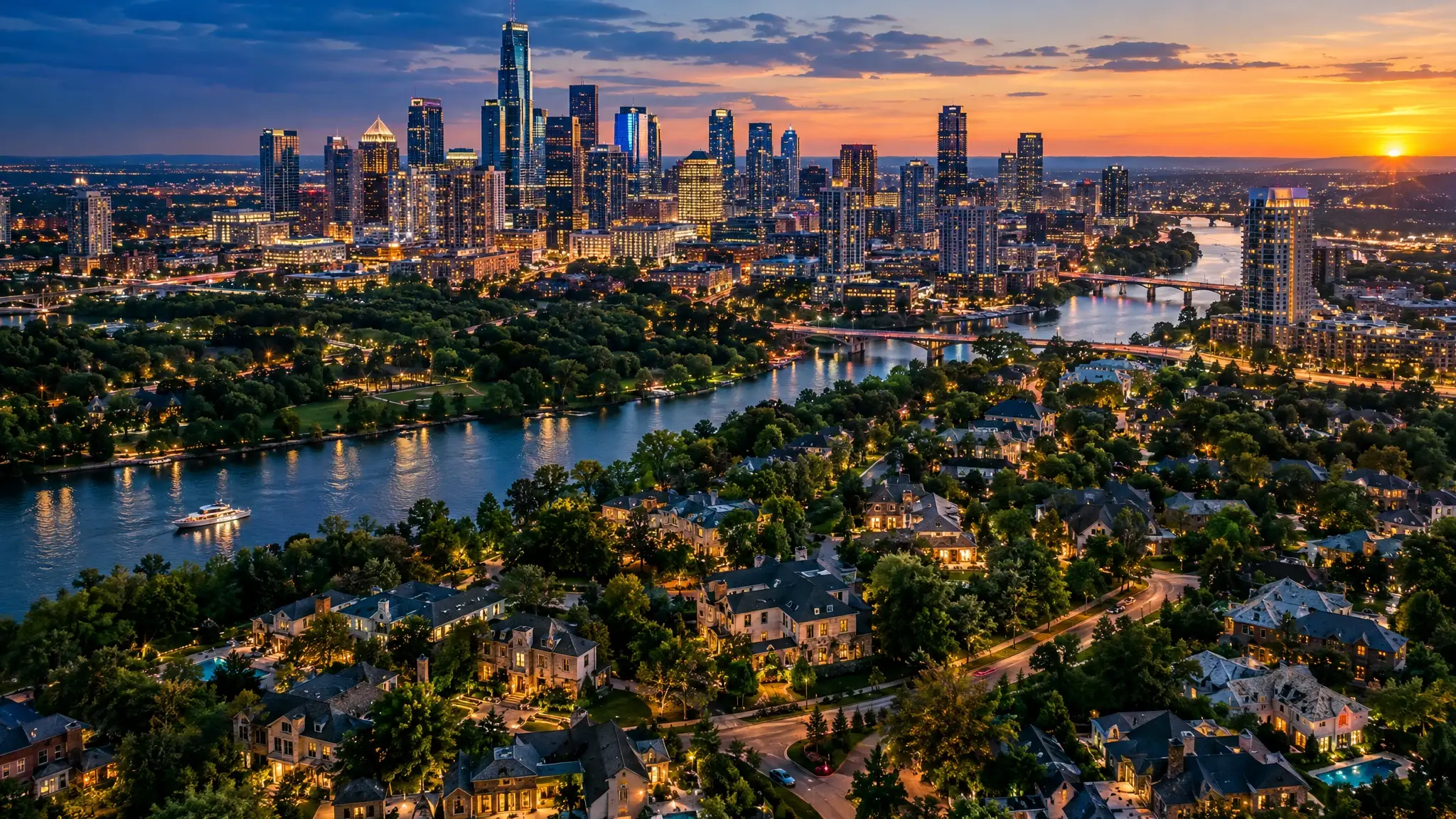 A warm sunrise aerial view over neighborhoods of many styles with tree-lined streets and a river
