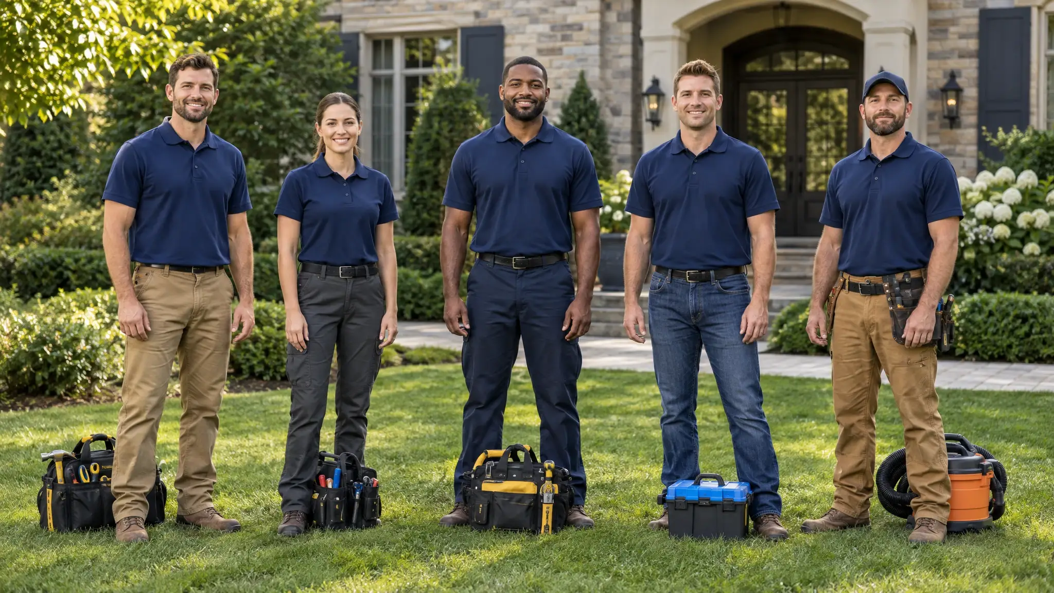 A friendly crew of home improvement pros of many trades in a bright street in front of a lovely home