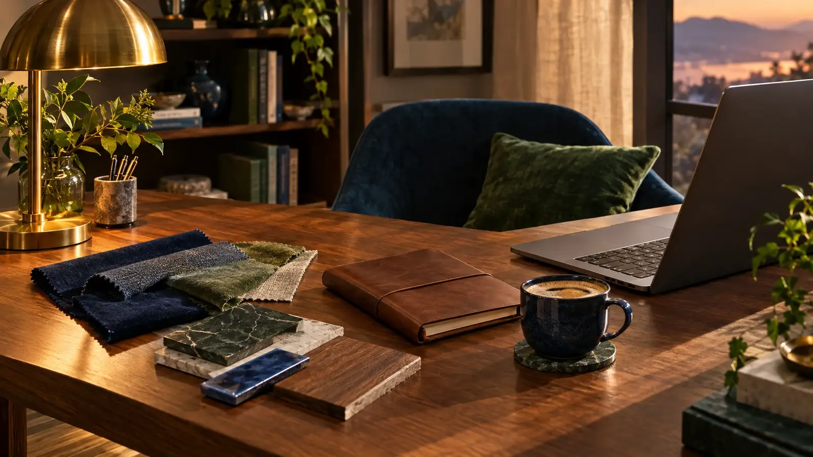 A cozy desk with a laptop, a notebook, paint swatches and a coffee in warm light