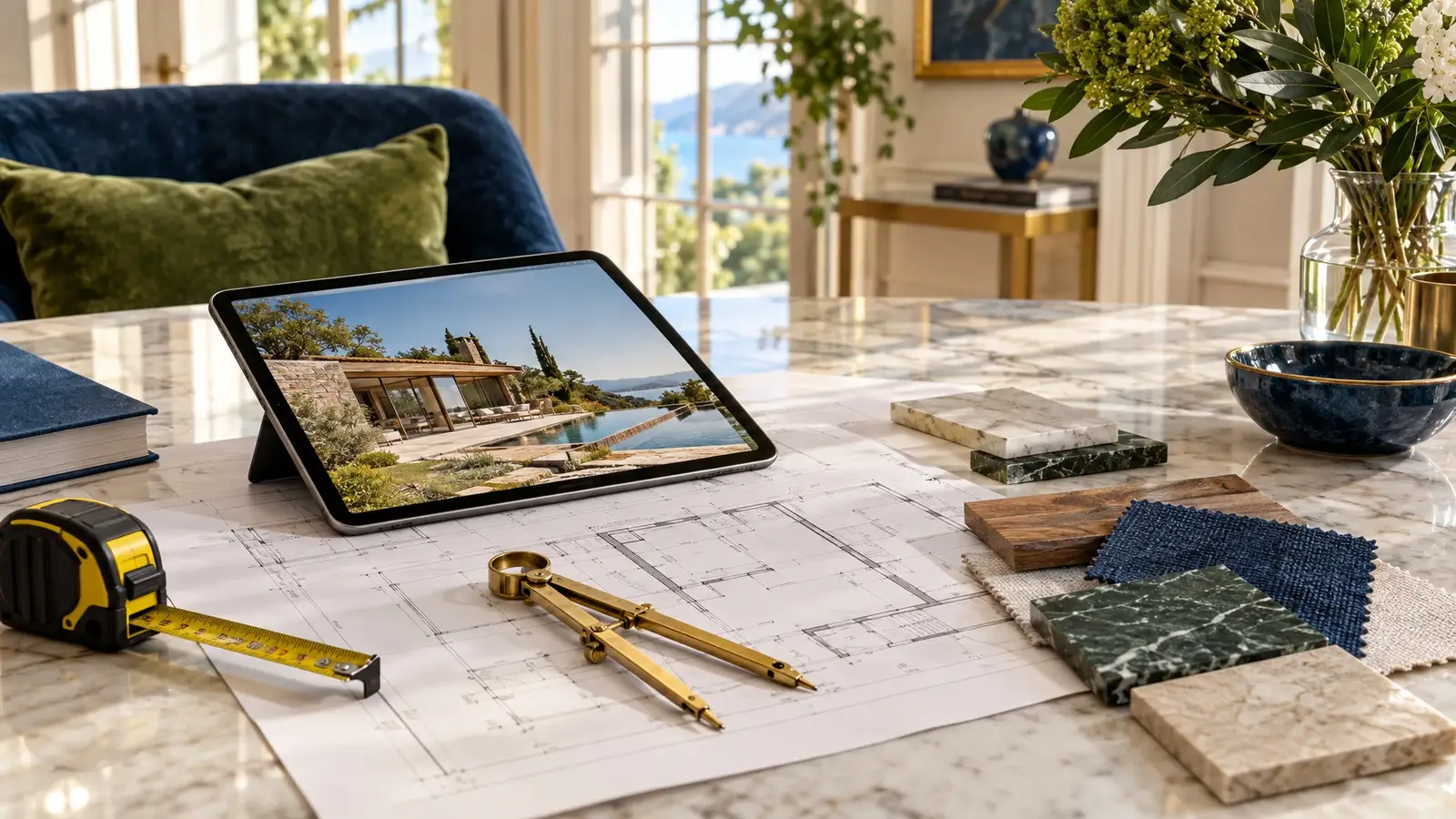 A tablet, a tape measure and a to-do list on a sunny kitchen table