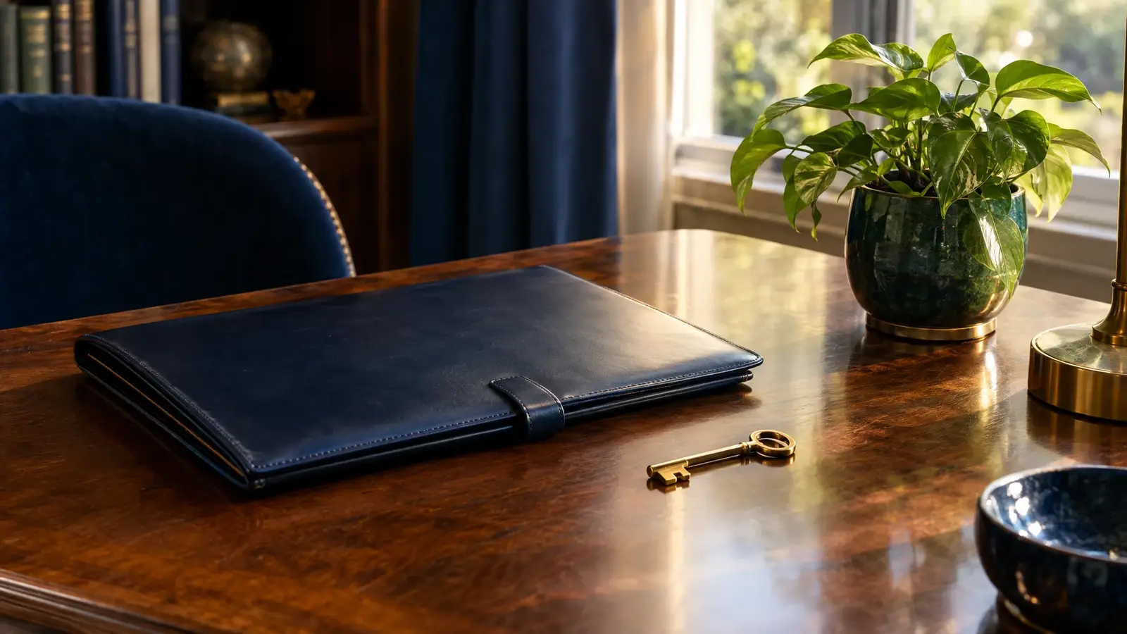 A tidy desk with a closed laptop, a notepad and a small plant