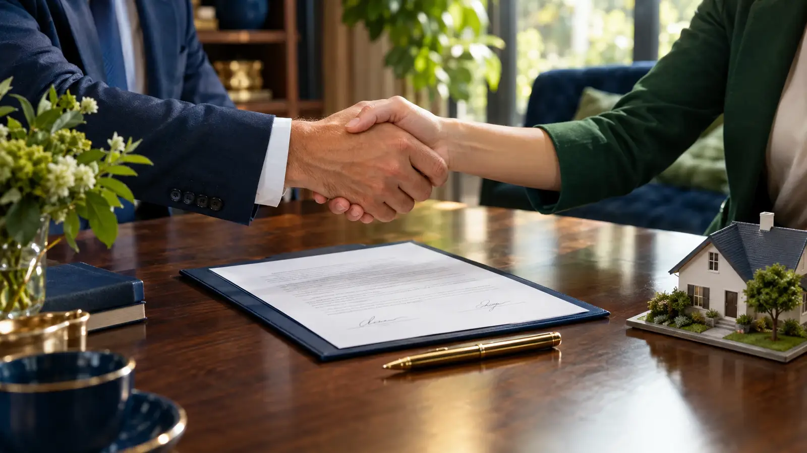 A friendly handshake over a signed agreement on a sunny porch table